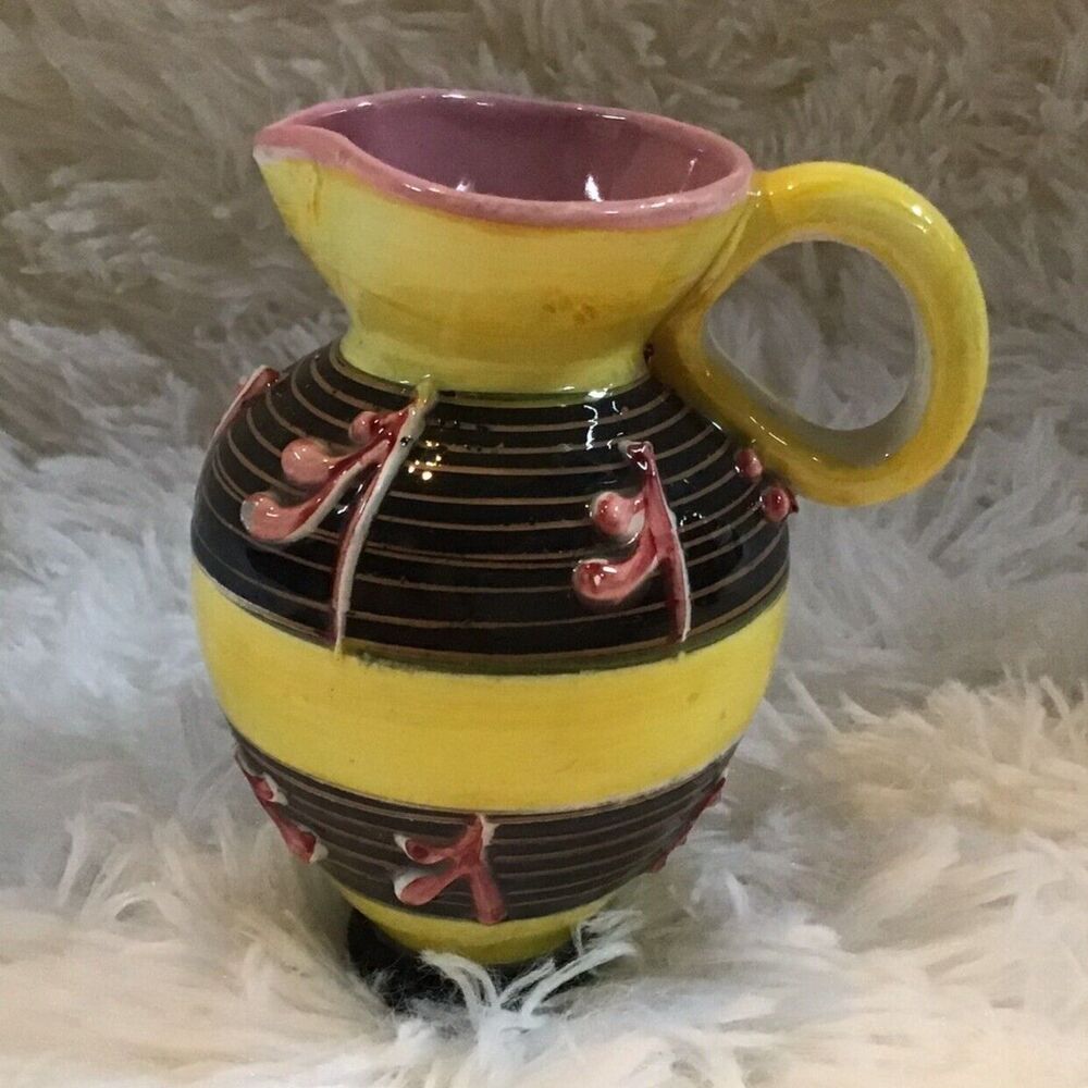 Vintage Elbee Italy Signed Ceramic Mini Pitcher Creamer Yellow Black Hand Painte